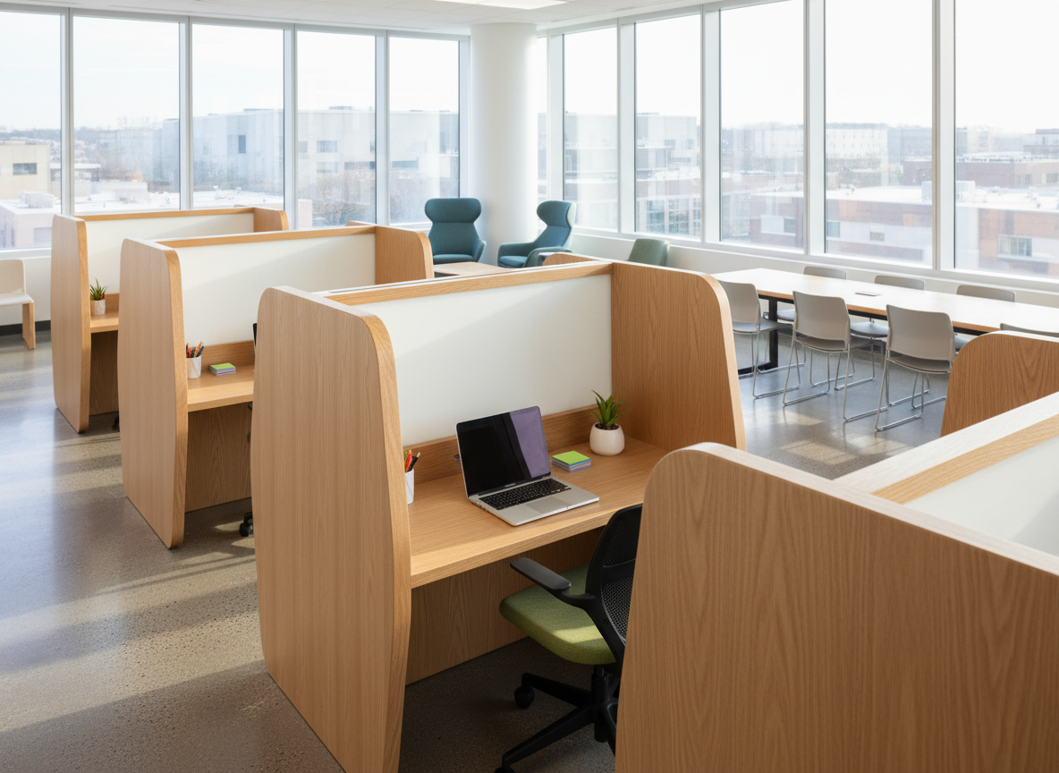 A bright, contemporary learning space featuring several individual wooden study pods with smooth, light oak surfaces, each equipped with a closed laptop, neatly arranged stationery, and a small potted plant for a touch of greenery. The pods are separated by frosted glass partitions, suggesting focused one-on-one coaching sessions without showing people. Large floor-to-ceiling windows along one wall flood the room with diffused afternoon light, creating soft reflections on the glass and warm highlights on the wood. Photographic realism with a wide-angle composition, capturing the entire room from a slightly elevated perspective, conveying an organized, hybrid-ready environment that feels professional, welcoming, and purpose-built for Nursery–12th education support.