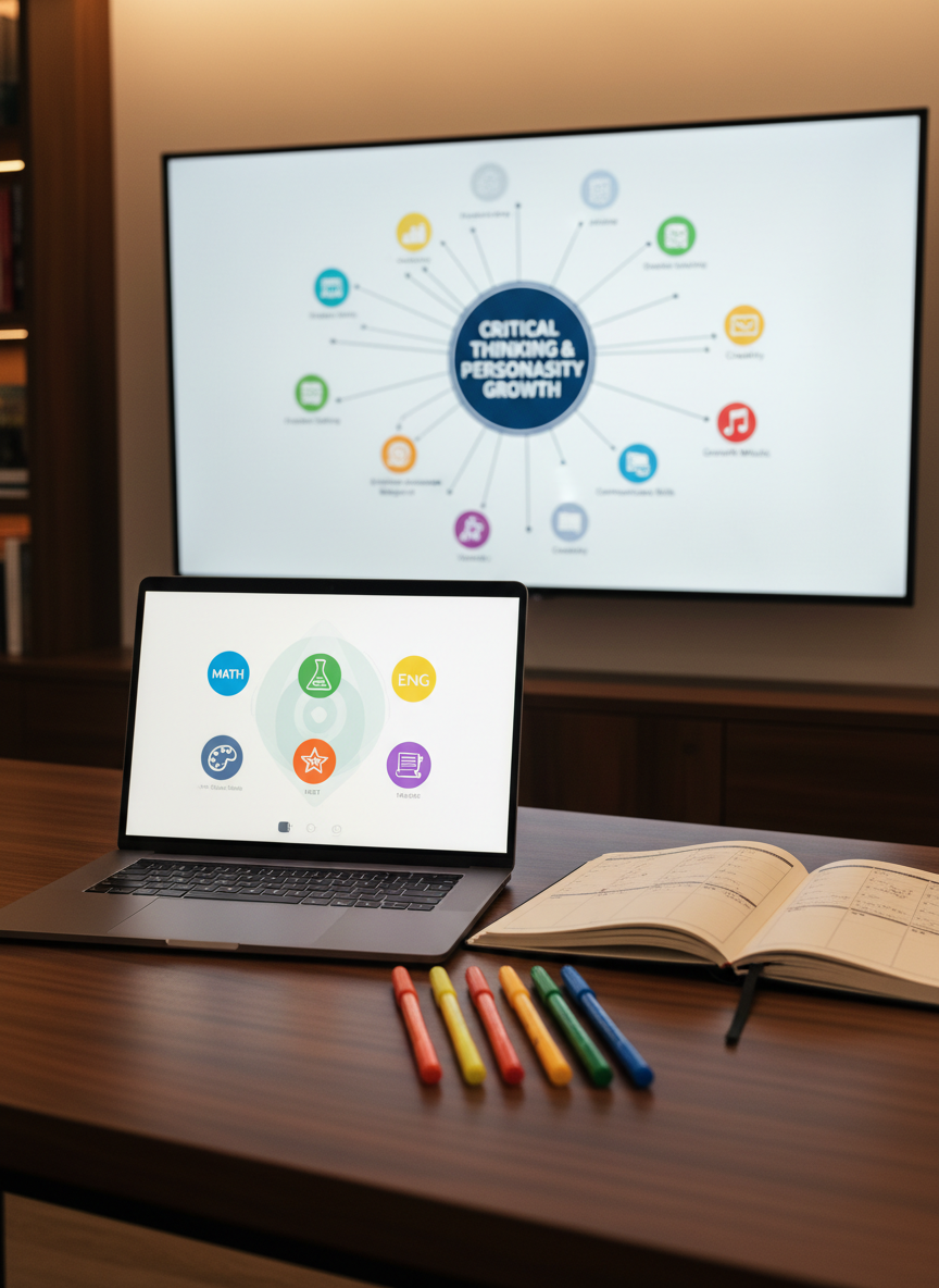 An elegant, photographic scene of a hybrid teaching setup: a slim, modern laptop open on a dark walnut desk, its screen displaying a clean video conferencing interface with colorful subject icons instead of faces. Beside it, a neatly written paper planner is open to a weekly schedule with time blocks for different grades and subjects, and a set of fine-tip pens aligned by color. Behind the desk, a large wall-mounted screen shows a clear, sharp mind map about critical thinking and personality growth. Warm overhead lighting creates a cozy, professional ambiance with soft shadows, while a shallow depth of field keeps focus on the desk, suggesting organized, high-quality online and face-to-face coaching without any human presence.