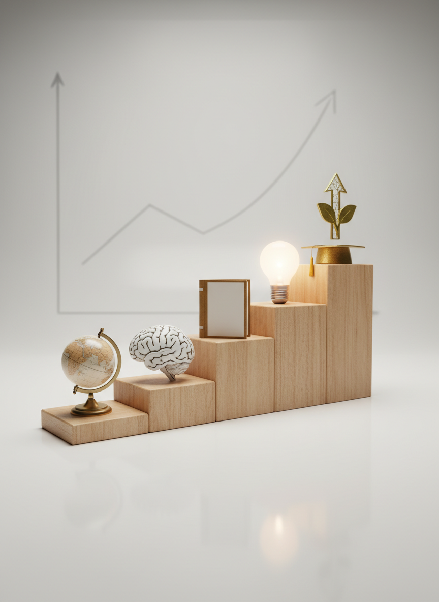 A sophisticated, photographic representation of academic growth and personality development: a series of ascending wooden blocks forming steps across a smooth white surface, each block topped with a different educational symbol such as a miniature globe, a brain icon model, a small open book, and a tiny lightbulb sculpture. Behind the blocks, a large, faintly visible line graph is printed on a matte white backdrop, gently curving upward. Gentle, diffused studio lighting from above and slightly to the right creates soft shadows that emphasize depth and progression. Captured from a low, side angle with a sharp focus on the nearest symbols and a gradual blur toward the back, the mood is aspirational, mature, and professionally polished, ideal for illustrating excellence and long-term academic success.