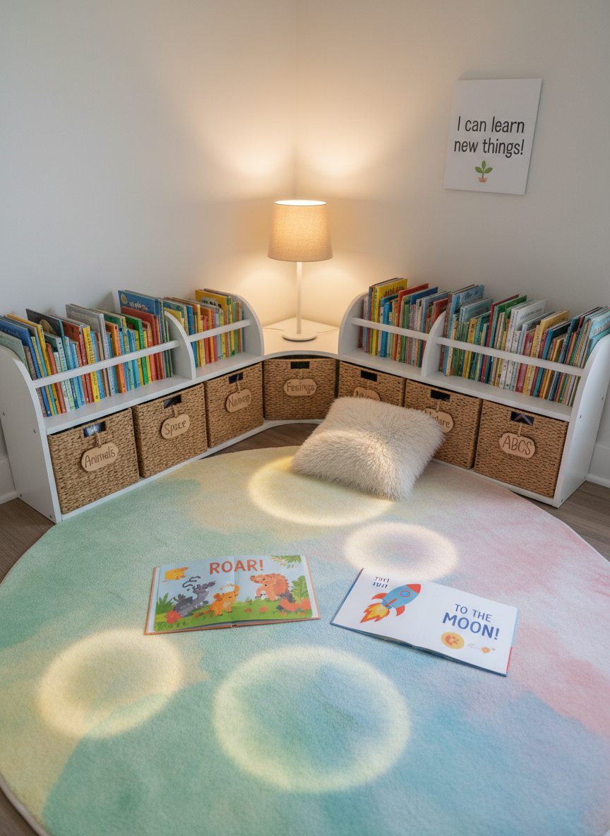 A calm, photographic reading corner designed for younger students, with a low, curved white bookshelf neatly filled with colorful, spine-out children’s books and labeled bins for different subjects. In front of the shelf lies a plush, circular rug in soft pastel tones, with a few open picture books revealing vibrant illustrations and simple text. A small, minimalist floor lamp with a fabric shade casts warm, diffused light, creating gentle pools of illumination on the rug and books. The surrounding walls are a neutral off-white with a single, simple poster showing a growth mindset quote in clean typography. Shot at a slightly elevated angle with balanced composition, the scene feels nurturing, organized, and aligned with early-years personality and thinking development.