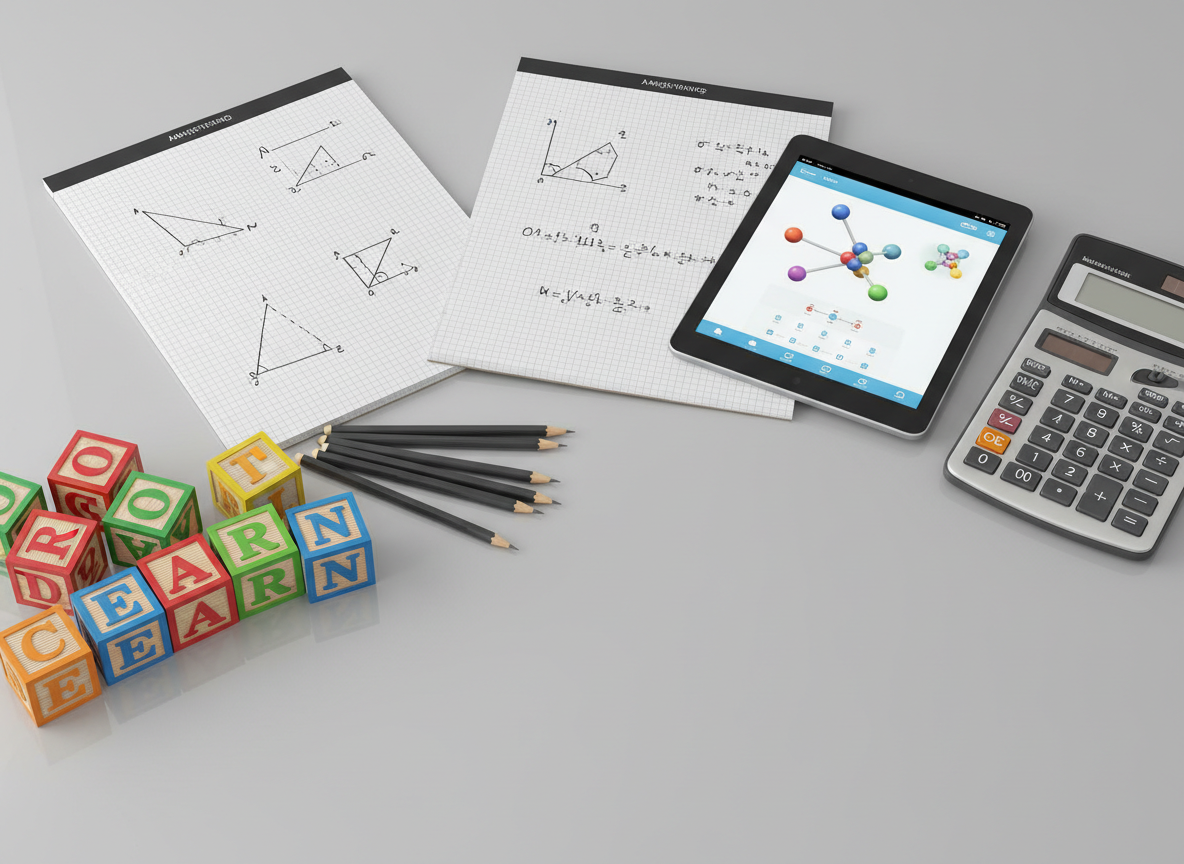 A close-up, photographic, top-down view of a carefully arranged collection of study materials for multiple grade levels: brightly colored alphabet blocks, sharpened pencils, graph paper notebooks with geometric diagrams, a tablet displaying a digital learning app, and a sophisticated scientific calculator. These items rest on a smooth, light gray desk surface that subtly reflects the objects. Soft, even studio lighting eliminates harsh shadows while creating gentle highlights on the tablet screen and polished calculator buttons. The composition uses the rule of thirds, with a clear central space that could be used for overlaying text. The mood is energetic yet orderly, showcasing the breadth of Nursery–12th subject-wise support in a clean, modern, and professional photographic style.